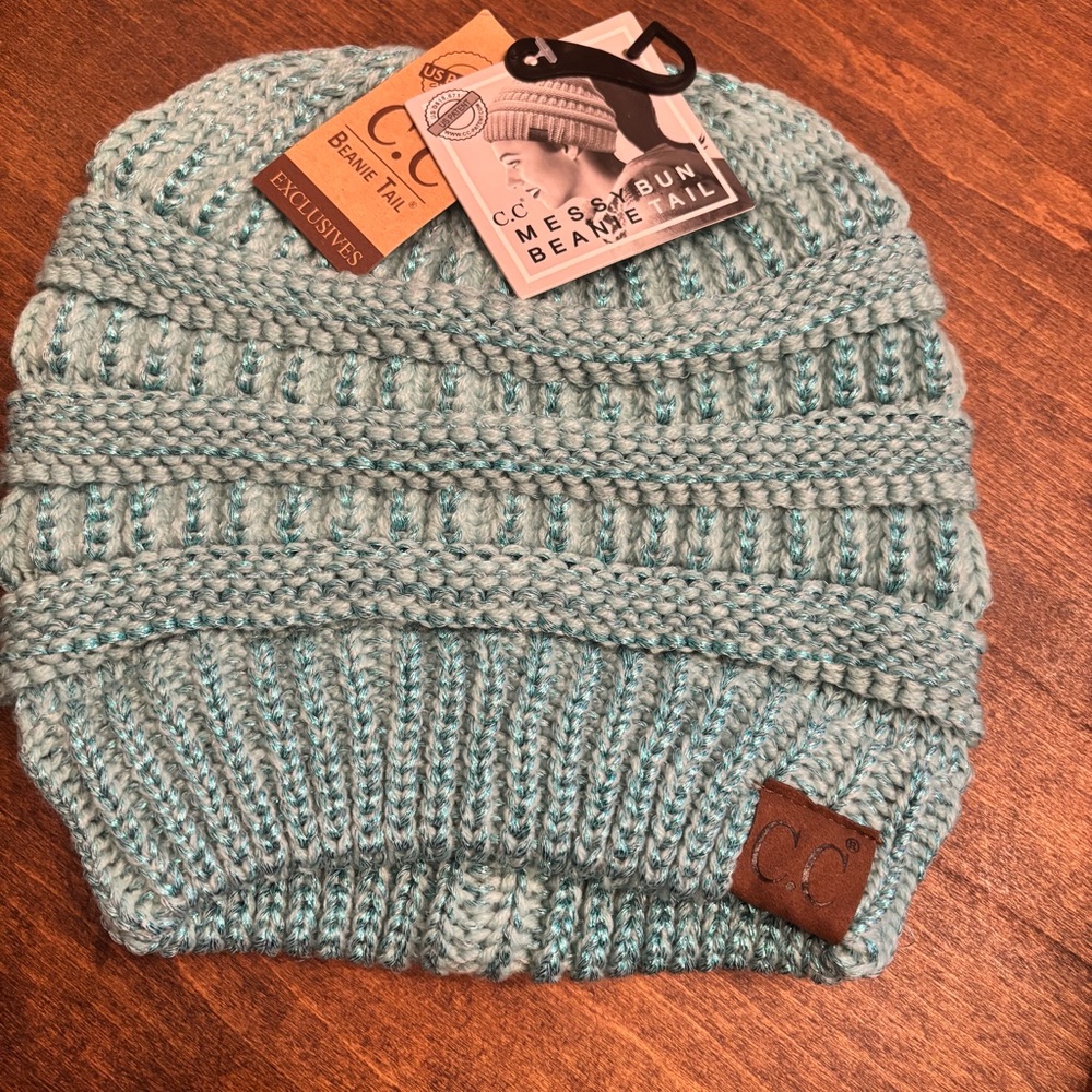New CC Adult Size Mint Metallic Cable Knit Beanie Tail Bun Ponytail Winter Hat